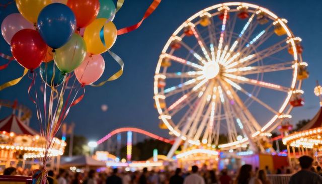 Colorful balloons floating against ferris wheel lights at dusk