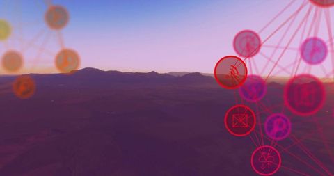 Neon network overlay on aerial desert ridge at sunrise for remote connectivity concept