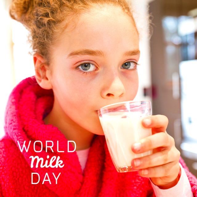 Caucasian Girl Drinking Milk Celebrating World Milk Day at Home - Download Free Stock Templates Pikwizard.com