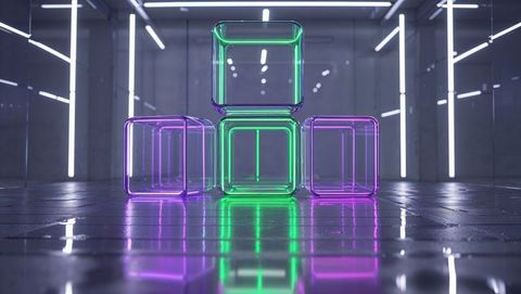 Futuristic neon transparent cubes in sci-fi lab environment