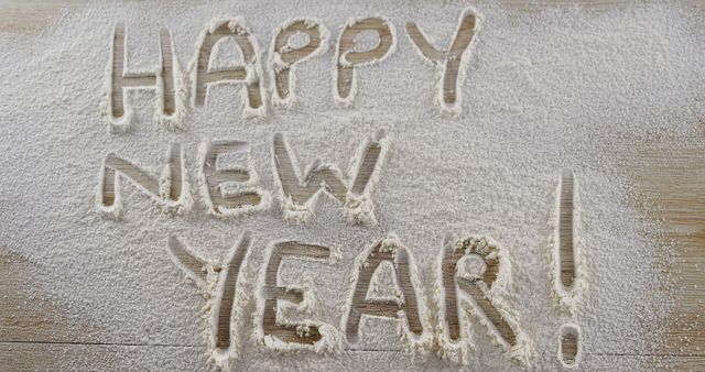 Happy New Year! is written in flour on a wooden surface, with copy space. It conveys festive greetings and the spirit of celebration for the new year.