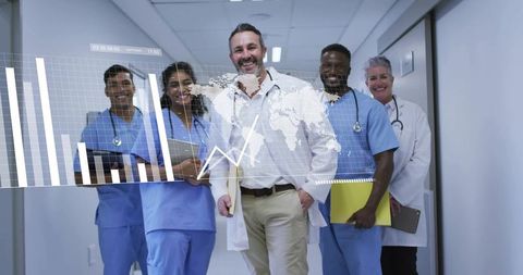 Multicultural medical team walking hospital corridor with digital health data overlay