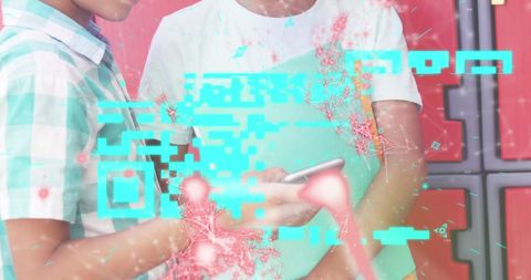 Boys Engaged in Smartphone Interaction with Digital Graphics Overlay