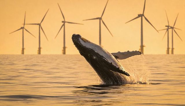 Breaching humpback whale leaping past offshore wind turbines at golden hour horizon
