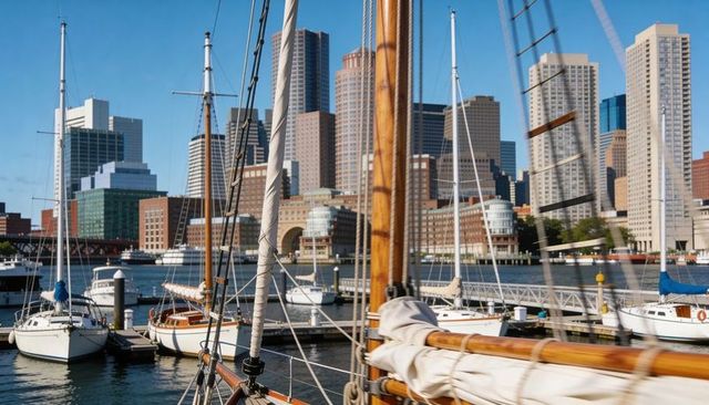 Framing wooden sailboat rigging against downtown skyline at sunny marina with yachts and docks