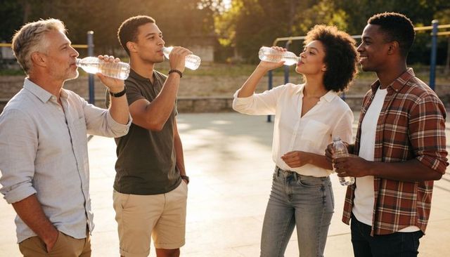 Friends drinking water at golden hour in park social hydration and healthy lifestyle