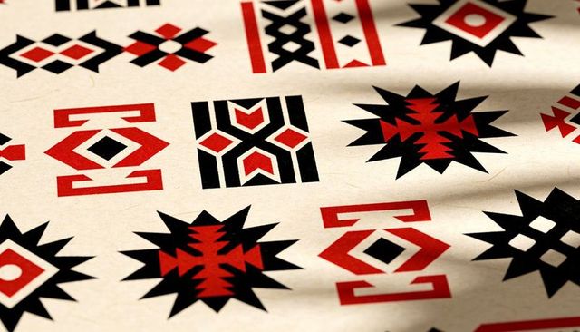 Bold red and black geometric tribal pattern on beige textile featuring starburst motifs