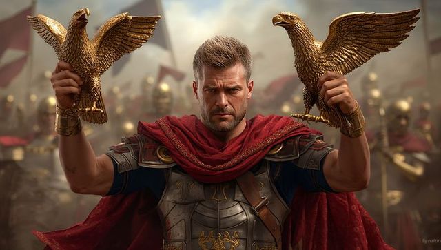 Stern roman-style commander holding twin gilded eagle standards with troops and banners