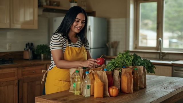 Asian Woman Wearing Yellow Apron Sorting Groceries at Kitchen Island