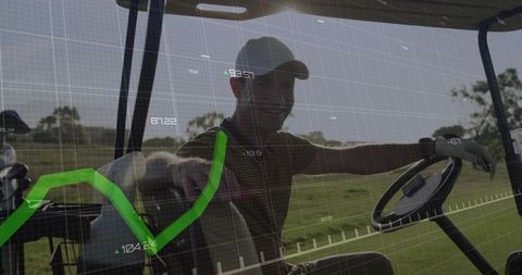 Man driving golf cart with dog and digital graph overlay