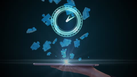 Futuristic Digital Interface with Clock and Floating Puzzle