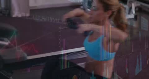 Female Athlete Rowing on Ergometer with Real-Time Fitness Charts Overlaying Screen