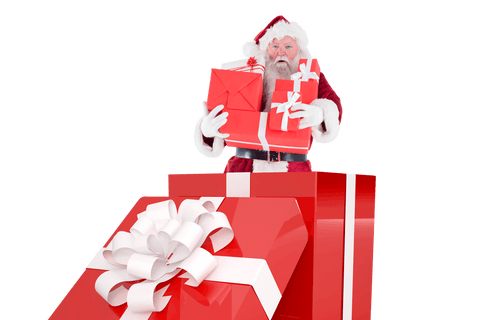 Transparent Santa Claus Inside Giant Gift Stack with Red Boxes