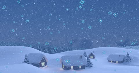 Snowy Winter Night with Rustic Cabins and Falling Flakes