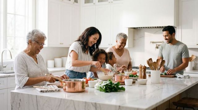 Multigenerational family preparing meal and cooking on marble island in bright modern kitchen