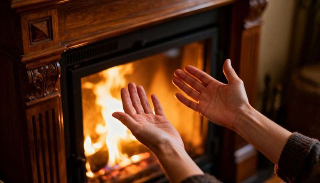 Warming hands near carved wood fireplace mantel, cozy firelight and winter comfort