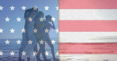 Three women walking along sunlit beach with american flag overlay for patriotic summer