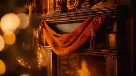 Pulling focus revealing carved wooden mantel with embroidered runner and glowing hearth