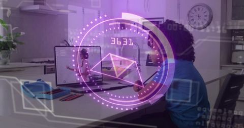 Child studying with virtual tutor on laptop, ar learning hud at kitchen table