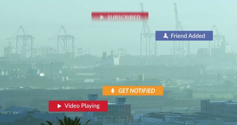 Social Media Icons Overlooking Industrial Cityscape
