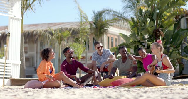 Group of Friends Relaxing on Beach and Playing Music - Download Free Stock Images Pikwizard.com