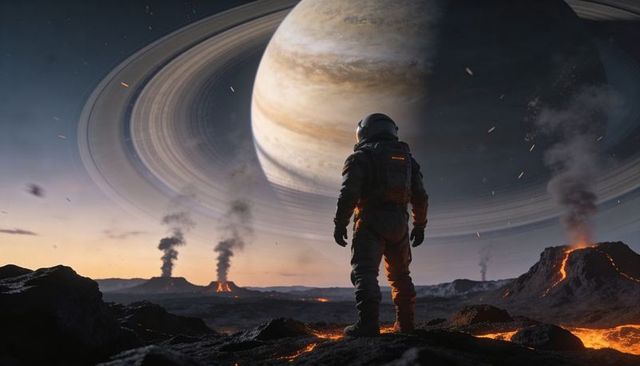 Astronaut standing on volcanic plain watching ringed gas giant rising above lava fields