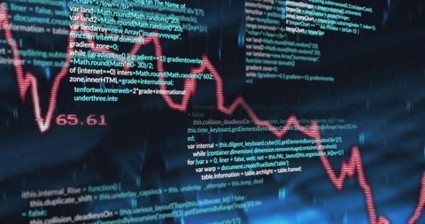 Pulsing Red Line Graph Sweeping Over Source Code Dashboard Showing Readout 65.61
