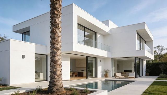Minimalist two-story white modern house cantilevering over reflective pool with palm trunk