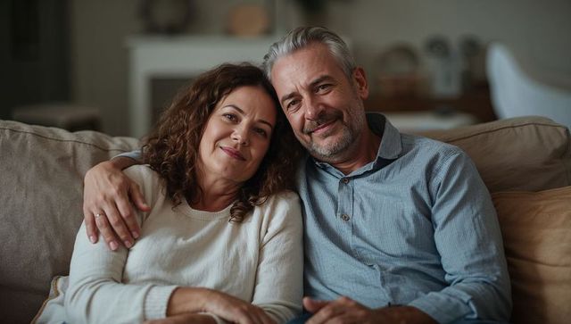 Mature couple cuddling on couch at home showing engagement ring cozy romantic evening