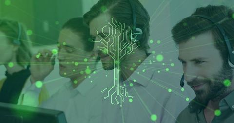 Call center professionals using modern technology and headsets