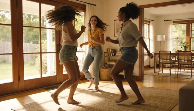 Friends dancing barefoot on woven rug in sunlit living room wearing denim shorts
