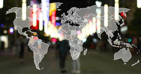 Overlaying semi-transparent world map on blurred neon city street at night bokeh network