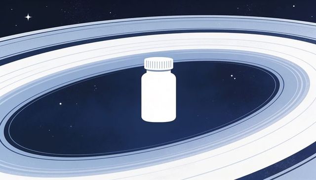 Floating pill bottle silhouette over cosmic rings minimalist healthcare pharma concept