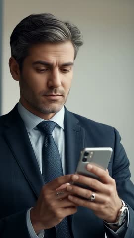 Executive in Suit Reviewing Mobile Report While Tapping and Scrolling on Smartphone