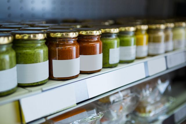 Jars of pestos and preserves on display shelf in supermarket