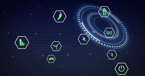 Holographic Circular HUD with Hex Icon Tiles for Renewable Energy and Tech Dashboards