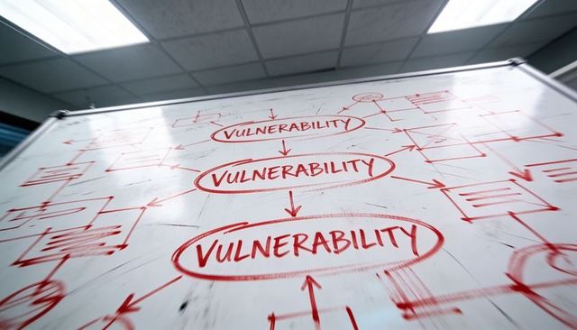 Whiteboard diagram highlighting repeated vulnerability alerts during security workshop