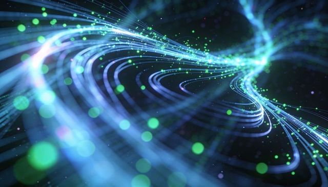 Swirling cyan data streams flowing with neon particles and green light trails