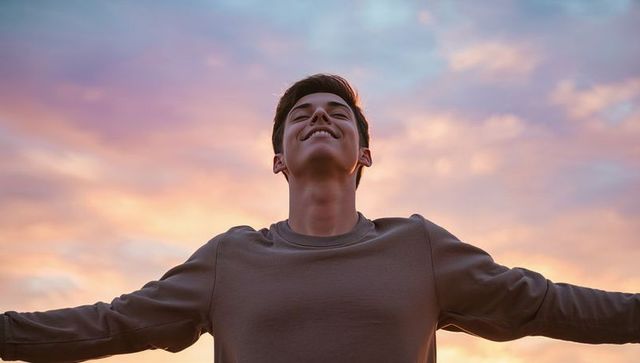 Young man embracing sunset with arms outstretched showing freedom joy and serenity