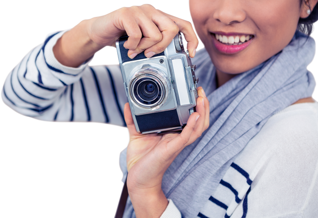 Smiling Asian Woman with Camera Capturing Moment on Transparent Background - Download Free Stock Videos Pikwizard.com