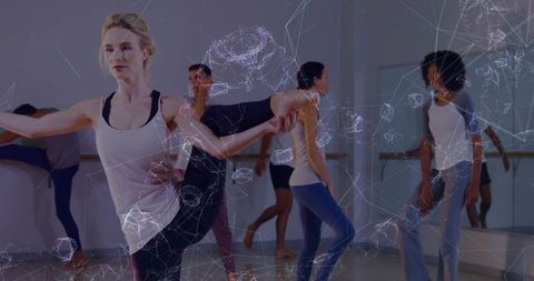 Contemporary dance class balancing dancer holding raised leg with geometric overlay