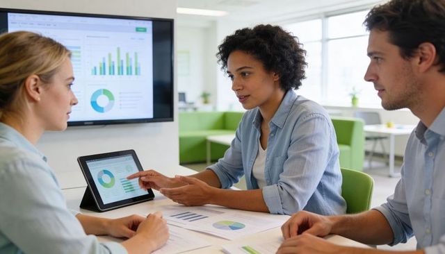 Woman explaining analytics on tablet while team reviews charts and dashboard in office