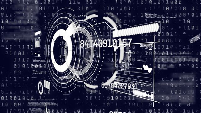 Futuristic data processing interface with overlapping circles and binary code on navy background. Perfect for illustrating high-tech concepts, data analysis, cyber security, digital transformation, and future technology in presentations, websites, and educational materials.