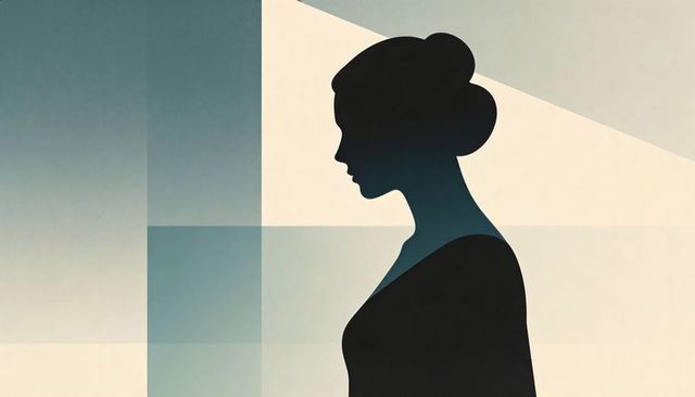 Elegant female silhouette in geometric minimalist grid composition, off-shoulder profile