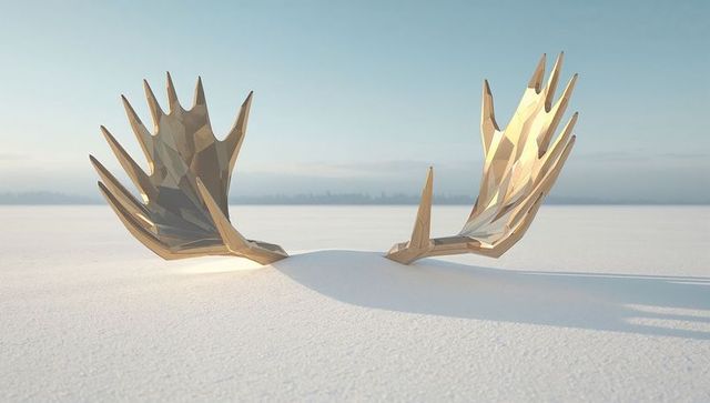 Faceted metallic antlers reflecting sunrise on snowy plain, minimal sculptural landscape