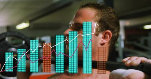 Male weightlifter performing barbell squat with turquoise bar chart and rising line graph overlay