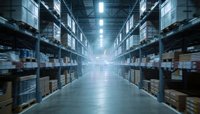 Empty warehouse aisle stretching to loading gate with steel pallet racking and led lighting