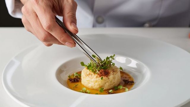 Chef plating microgreens on mousse with tweezers gourmet fine-dining porcelain presentation