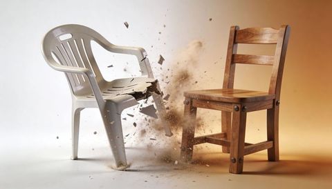 Plastic chair shattering into debris colliding with solid wooden chair conceptual split