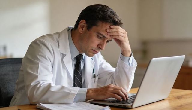 Concerned doctor reviewing laptop records and paperwork at clinic desk